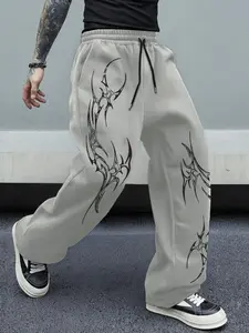 Unisex Cyber Tribe Flame Print Wide-Leg Pants, Abstract Flame Pattern + Drawstring Waist + Loose Fit, Soft Fleece Material for Daily Wear, Music Festival, Tech Theme Party Must-Have