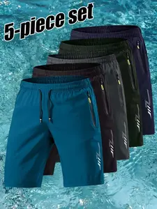 Men's Casual Sportswear Ice Silk Shorts Set, Lightning Reflective Print Design, Elastic Waist Drawstring, Side Zip Pockets, Summer Wear, Workout Impact Shorts