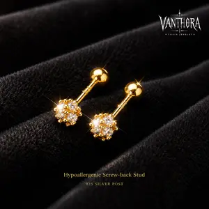 [VA RA]S925 Silver Post Screw-Back CZ Flower Stud Earrings for Women - Tiny Gold-Silver Cartilage, Helix, Tragus Ear Bone Jewelry