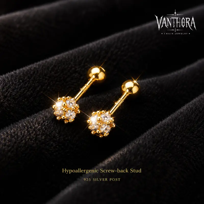 [VA RA]S925 Silver Post Screw-Back CZ Flower Stud Earrings for Women - Tiny Gold-Silver Cartilage, Helix, Tragus Ear Bone Jewelry everyday wear birthday anniversary gift
