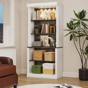 5-Tier Open Bookcase, Tall Roman Column Bookshelf with LED Lights, White & Black Wood Grain Adjustable Book Shelves, Freestanding Display Storage Organizer for Home Office, Living Room