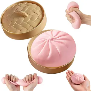 Dumpling Squishy, Mystery Squishy Dumpling Box, Soft Squeeze Dough Ball for Stress Relief, Stretchy Bun with Mini Food Steamer Desk Fidget Toy for Adults Office Home (Pink)