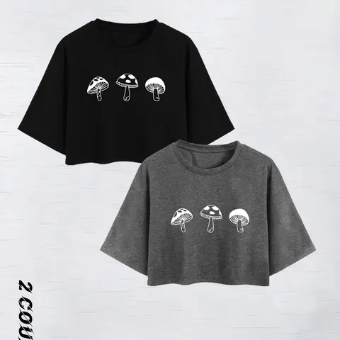 Women's Mushroom Print Round Neck Crop Tee, Casual Street Short Sleeve Crew Neck Soft T-shirt for Summer, Fashion Women's Top for Daily Wear