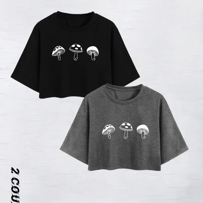 Women's Mushroom Print Round Neck Crop Tee, Casual Street Short Sleeve Crew Neck Soft T-shirt for Summer, Fashion Women's Top for Daily Wear