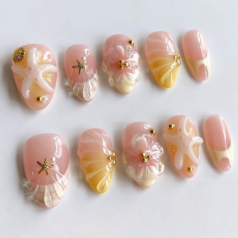 3D Flower FreeStyle Medium Almond Press On Nails, 3d Nail Designs, Custom Press On Nails, 3d Nails Ideas, 3d Flower Nail Designs