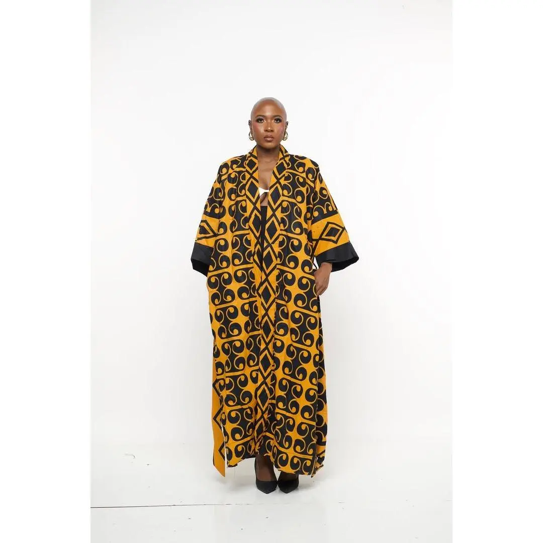 MIYAA kimono Regal | Gold & Black African Print Maxi Kimono – Bold Adire-Inspired Tribal Robe for Women Traditional Fabric Oversized Womenswear