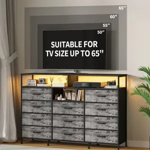 Fathersdaygift Summervibes Flash sale home items 55" Dresser TV Stand with Power Outlet & LED Lights, 11 Fabric Drawers Dresser for Bedroom, Wood Top Chest of Drawers for Closet Organization, Entryway Storage Furniture, Tv Console Cabinet, Dressers