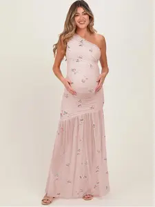 Fashion Elegant Pregnant One-Shoulder Dress, Maternity Dresses, Printed Mesh Bodycon Tight Fit, High Stretch Comfortable Ruched Dress, Perfect for Parties and Baby Shower, Maternity Clothes