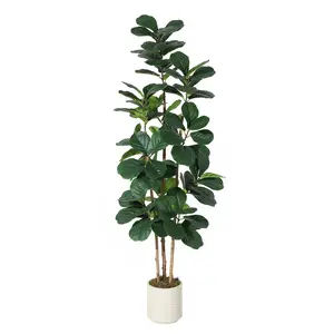 Artificial Fiddle Leaf Fig Tree - Potted in Decorative White Planter, Faux Plant Fake Ficus Lyrata Trees, Indoor House Plant for Living Room, Bedroom, Office
