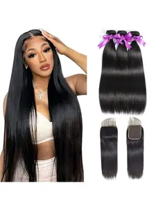 Straight Bundles with Closure Human Hair 12A Brazilian Human Hair Bundles with Closure Straight 100% Unprocessed Virgin Weave Hair Bundles with 4X4 Lace Closure
