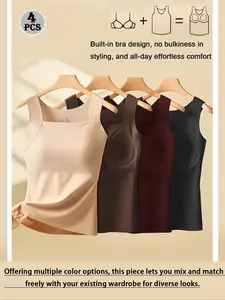 4 Piece Set Seamless Muscle Casual Tank Top with Chest Pads, Conceals Side Boob, Bra & Tank Two-In-One, Invisible Slimming Strapless Lingerie