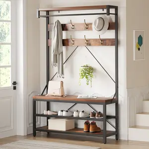 Industrial Hall Tree with Coat Rack – 2-Tier Shoe Bench, 8 Hooks, Hanging Bar, Top Shelf – Entryway Organizer – Metal Frame, Wood Look Accent – For Entryway, Hallway, Mudroom – 39.9" x 15.7" x 72", Wooden, Minimalist