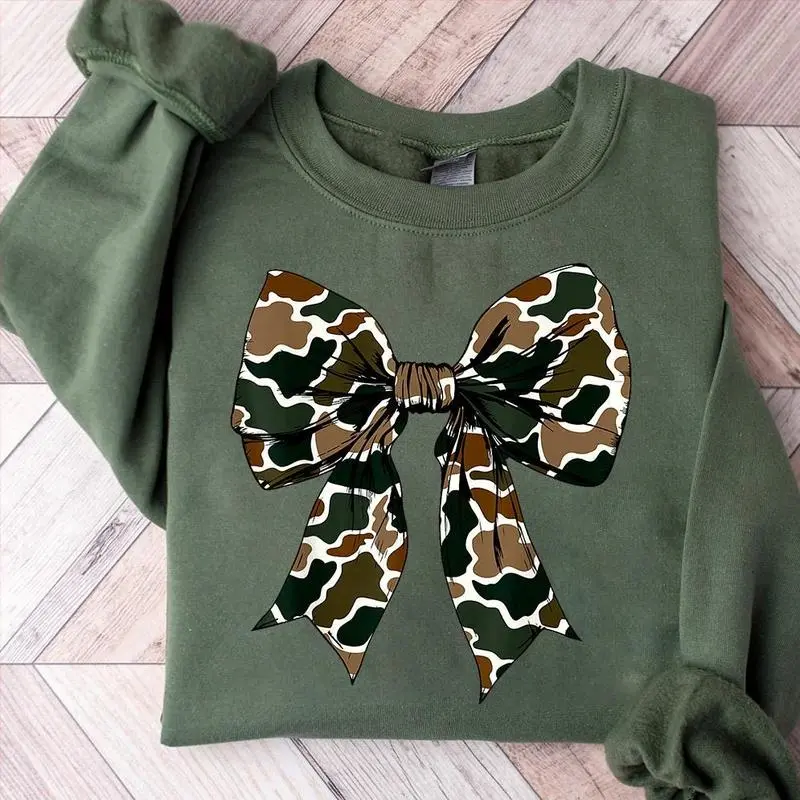 Camo Coquette Bow Sweatshirt /Tshirt/Hoodie- Green Casual Unisex Shirt with Camo Bow, Round Neck, Comfortable Fit for Womens