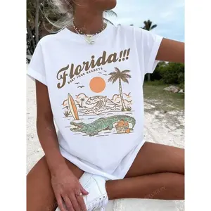 Florida Beach Graphic Tee Womens Vintage Sunset Palm Tree Gator Print T Shirt Oversized Casual Short Sleeve Soft Cotton Summer Vacation Outfit