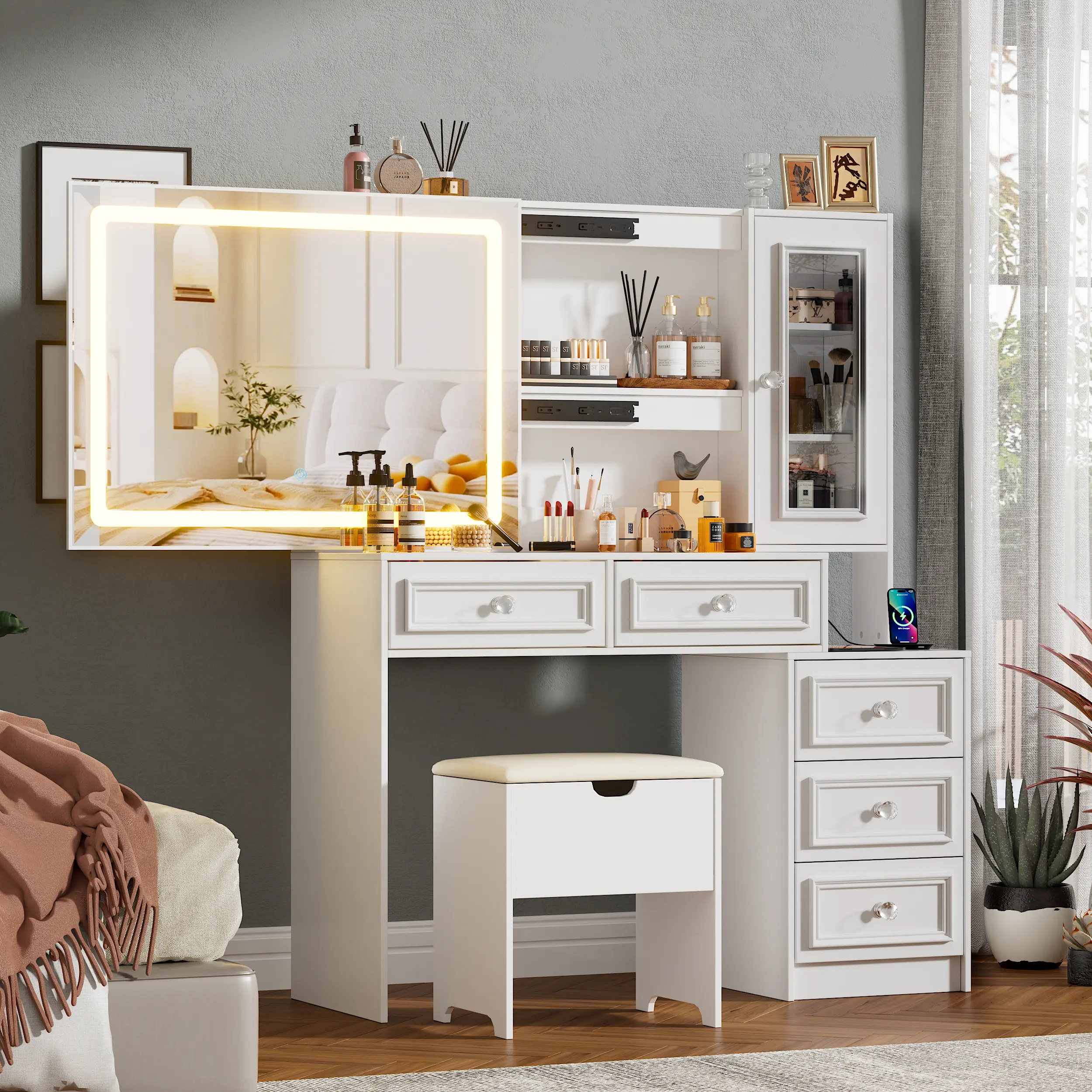 Vanity Desk with Lighted Mirror, European Style Dressing Table with 5 Drawers, Glass Top, Hidden Space, Charging Station, Makeup Vanity Table for Bedroom, White Large