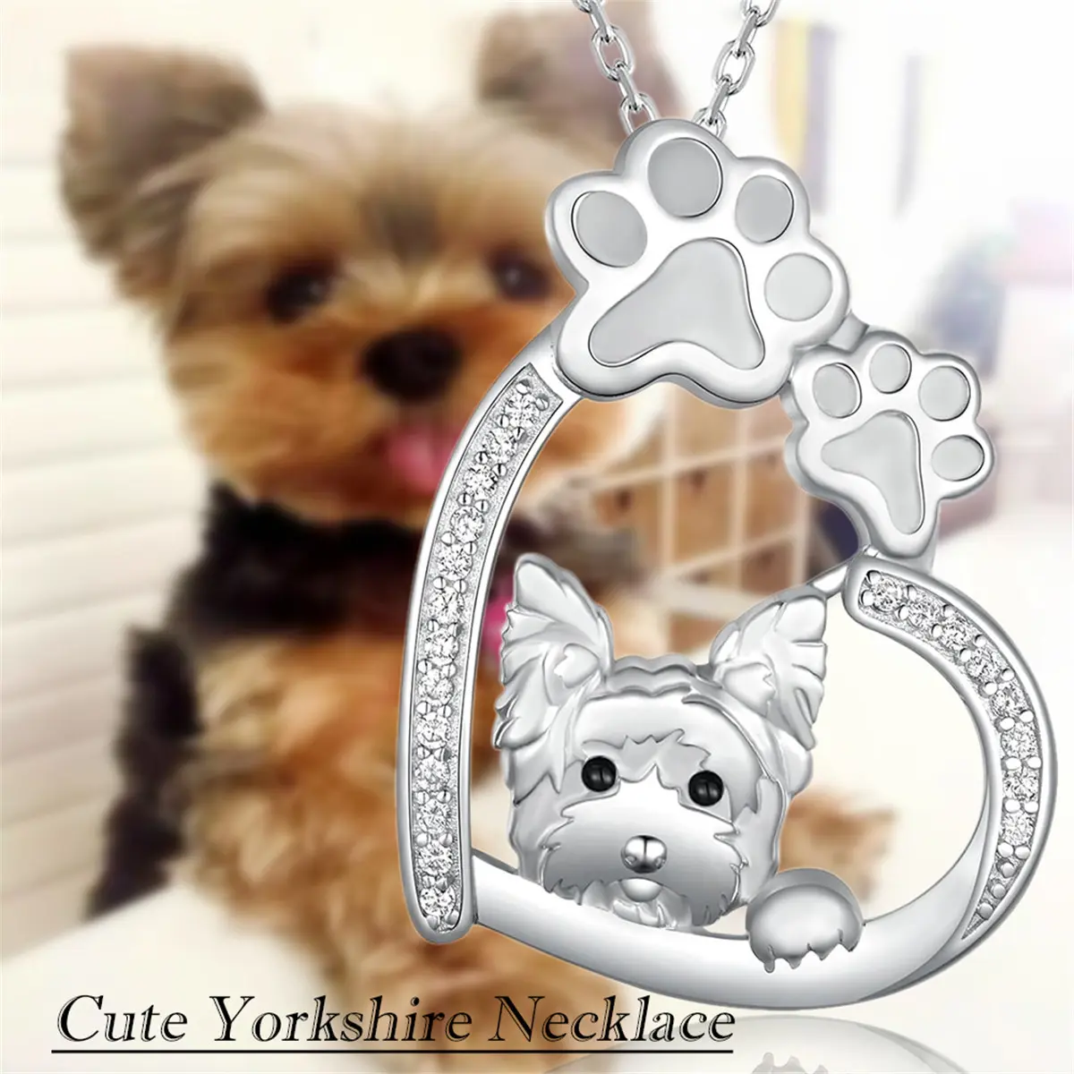 Short Yorkie Dog & Paw Pendant Necklace, Casual Stainless Steel Animal Jewelry with a Sparkling Cubic Zirconia Heart Charm for Dog Lovers, Stainless Steel Jewelry, Cubic Zirconia Alloy, Daily, Elegant, Unisex