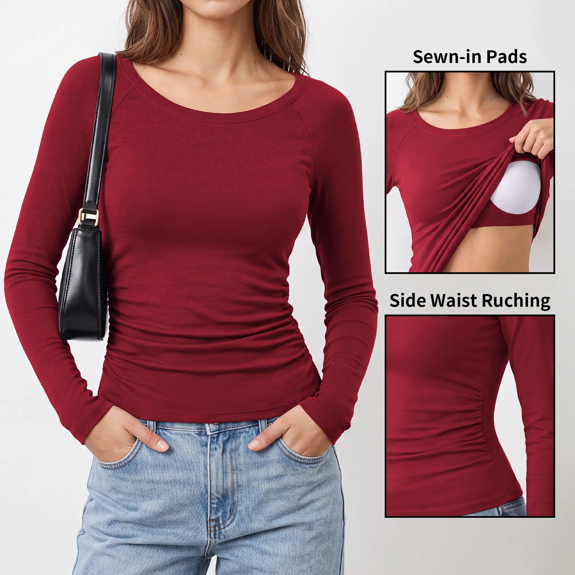 ATTRACO Women's Casual Long Sleeve Seam Padded Round Neck Top - Slimming Basic Outing Shirt Winter&Autumn Seamless Built in Bra