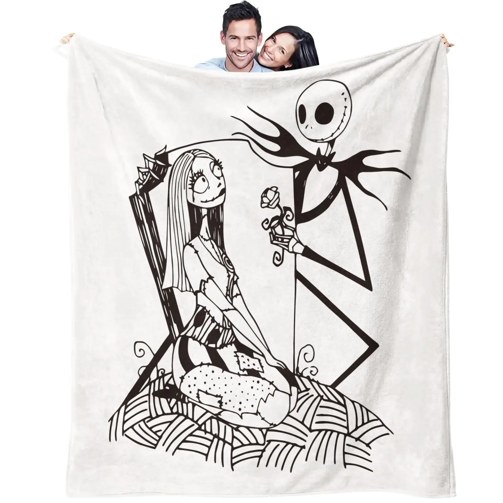 Skeleton Jack and Sally series patterns, suitable as gifts for children and adults, soft, warm, and lightweight plush blankets, suitable for beds, sofas, cars, and room decorations, Cozy Warm Blanket