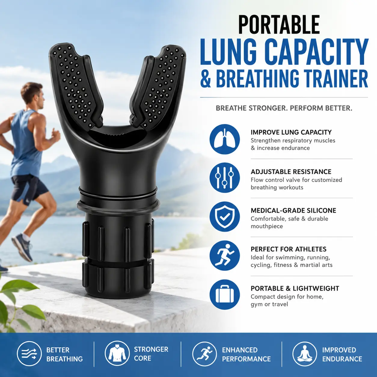 Portable Lung Capacity & Ab Trainer - Adjustable Resistance Breathing Exerciser for Core Strength, Swimming, Martial Arts | Medical-Grade Silicone, Compact Design with Flow Control Valve