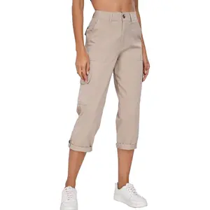 Women's Cargo Pants Relaxed Fit Knit Waist Cropped Pant Casual Hiking