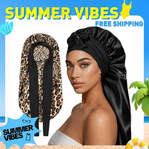【SUMMER VIBES】Women's Satin Silk Braid Bonnet - 2 Count Large Long Sleep Cap with Stretchy Tie Band for Braids Elastic Soft Premium Designed Hats (Black&Pink)