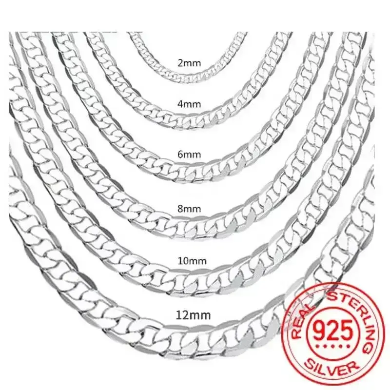 925 Sterling Silver Necklace 2-12MM width 40-75cm long Chain Lobster Clasp Men And Women Engagement Jewelry