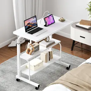 Nicole Selection Height Adjustable Side Table with Wheels, Mobile Rolling Laptop Stand, USB Charging + 2 Outlets, Adjustable Tray for Office/Home Use