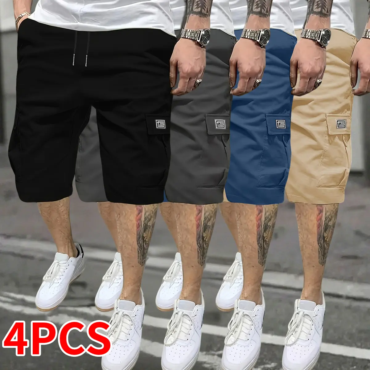 4PCS Men's Side Flap Pocket Utility Shorts, Adjustable Drawstring Waist Lightweight Casual Outdoor Shorts, Multi Color Work Shorts for Daily Walking, Fishing & Summer Daily Outfits. Menswear