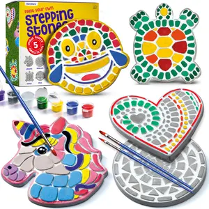 Dan&Darci Paint-Your-Own Stepping Stones Kit 5 Unique Stones 35 Paints & 10 Brushes for Kids Creative Art Activity