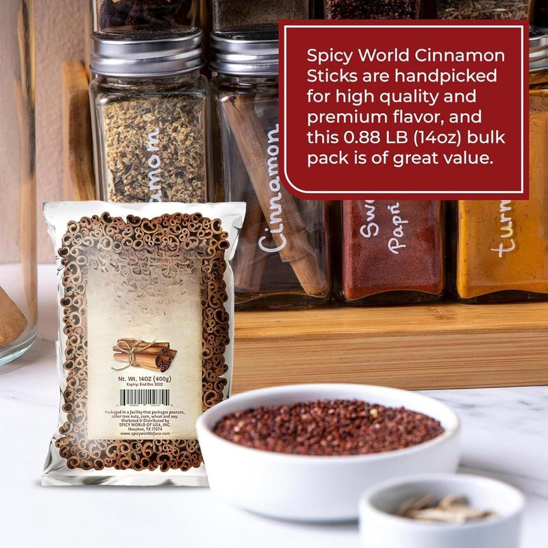 Spicy World Cinnamon Sticks 14 Oz Bag ~100 Sticks - Strong Aroma, Perfect for Baking, Cooking & Beverages - 3+ Inches Length - Cassia Saigon Cinnamon from Vietnam