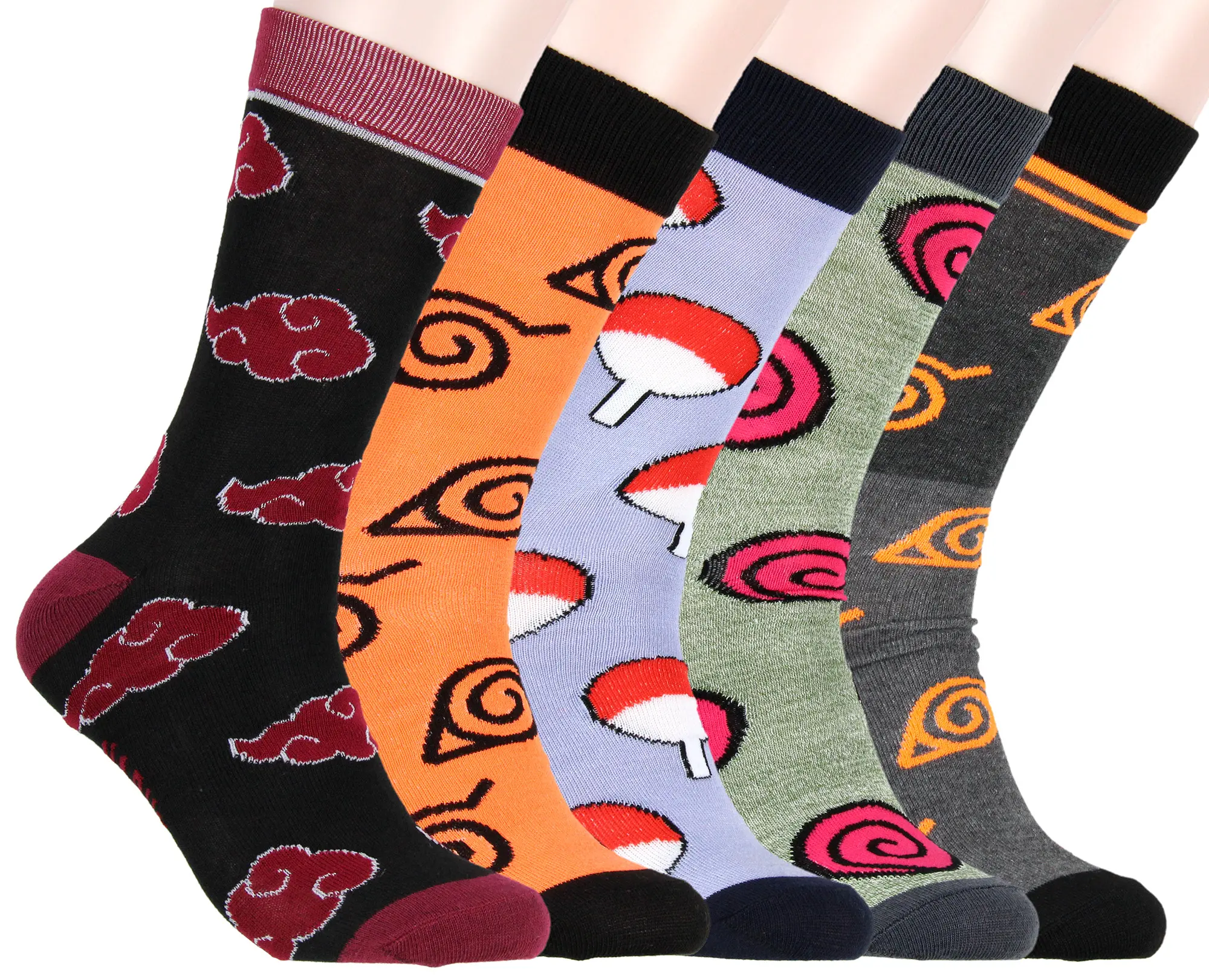 Naruto Shippuden Socks Uchiha Akatsuki Uzumaki Clan Hidden Village Logo 5 Pack Adult Crew Socks