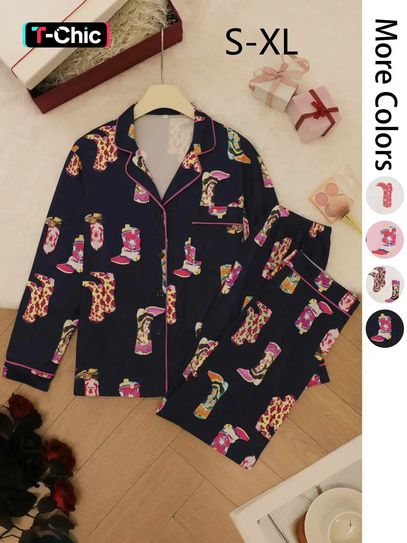 Women's Denim-style Creative Print Pajama Two-piece Set, Long Sleeve Pocket Lapel Shirt & Pants PJ Set, Casual Comfy Cute Loungewear Set, Women Homewear, Pyjamas, Nightwear, Casual Pajamas Outfit, Sleepwear Pajamas, Loungewear Pjs