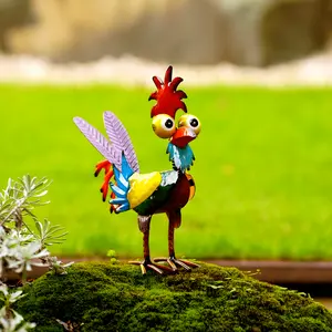 Rustic Metal Chicken Garden Statue - Colorful Outdoor Yard Art with Vibrant Red Comb & Feathers, Ideal for Spring & Summer Decor, Perfect Easter Gift