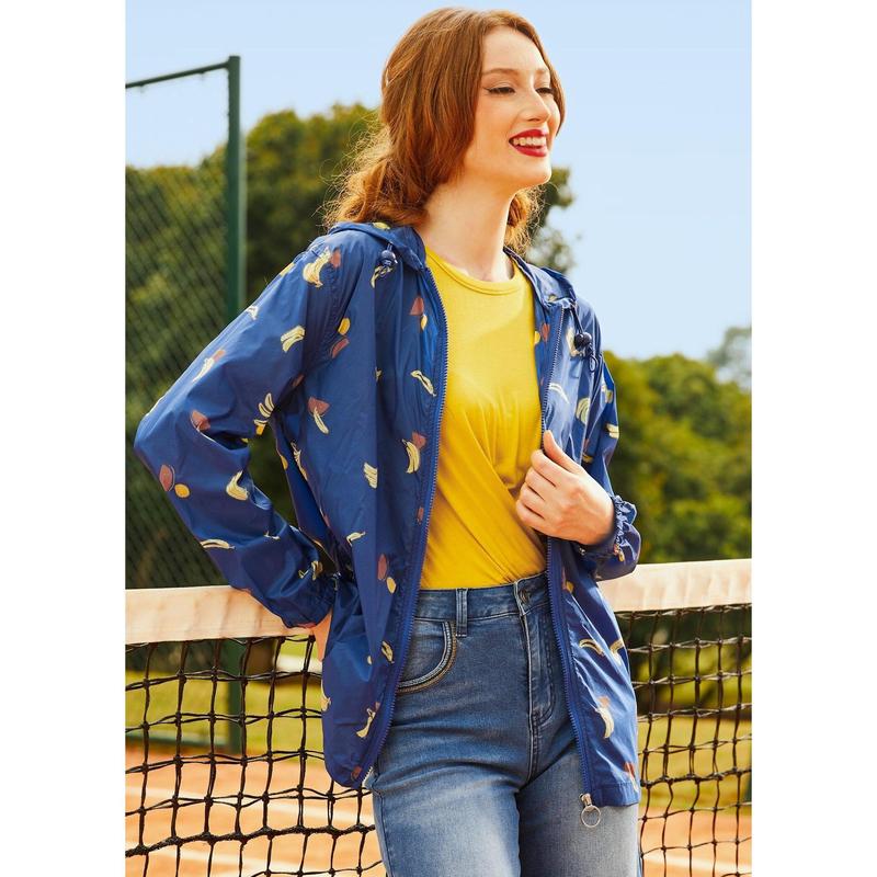 ModCloth Mind at Breeze Windbreaker Jacket with Pockets, Hood, Zipper Front, Water Resistant, Banana Fruit Print - Navy Blue (XS-4X)