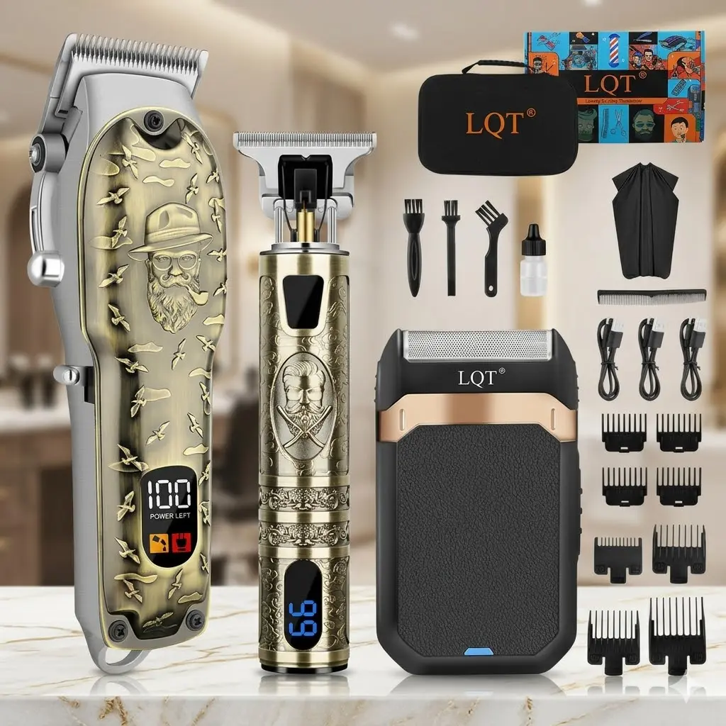 LQT 3-in-1 Vintage Bronze Engraved Men's Grooming Kit, Professional Hair Clipper, T-Blade Trimmer & Electric Foil Shaver, Crafting Refined Enhancements Haircut, LED Display, Complete Barber Accessories Set, USB Rechargeable Barber Kit, Father's Day Gift