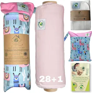 Reusable 100% Cotton Baby Wipes w/ wet bag | Paperless Towel Roll (28+1 Pack) | Eco-Friendly Cloth Napkins for Zero Waste Kitchen, w/ On-the-Go 2-Pocket Dry/Wet Bag (Rose Blush)