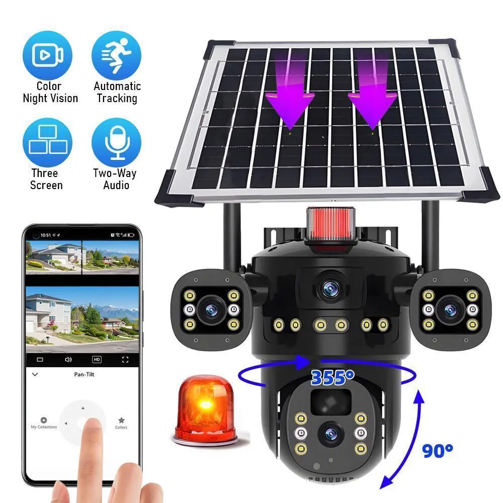 3 Lens Solar Wireless Security Camera – 360° Pan/Tilt WiFi CCTV, Battery Powered Outdoor Home Surveillance System,for Valentine’s Day Gift Connection Monitoring Protection Adjustable