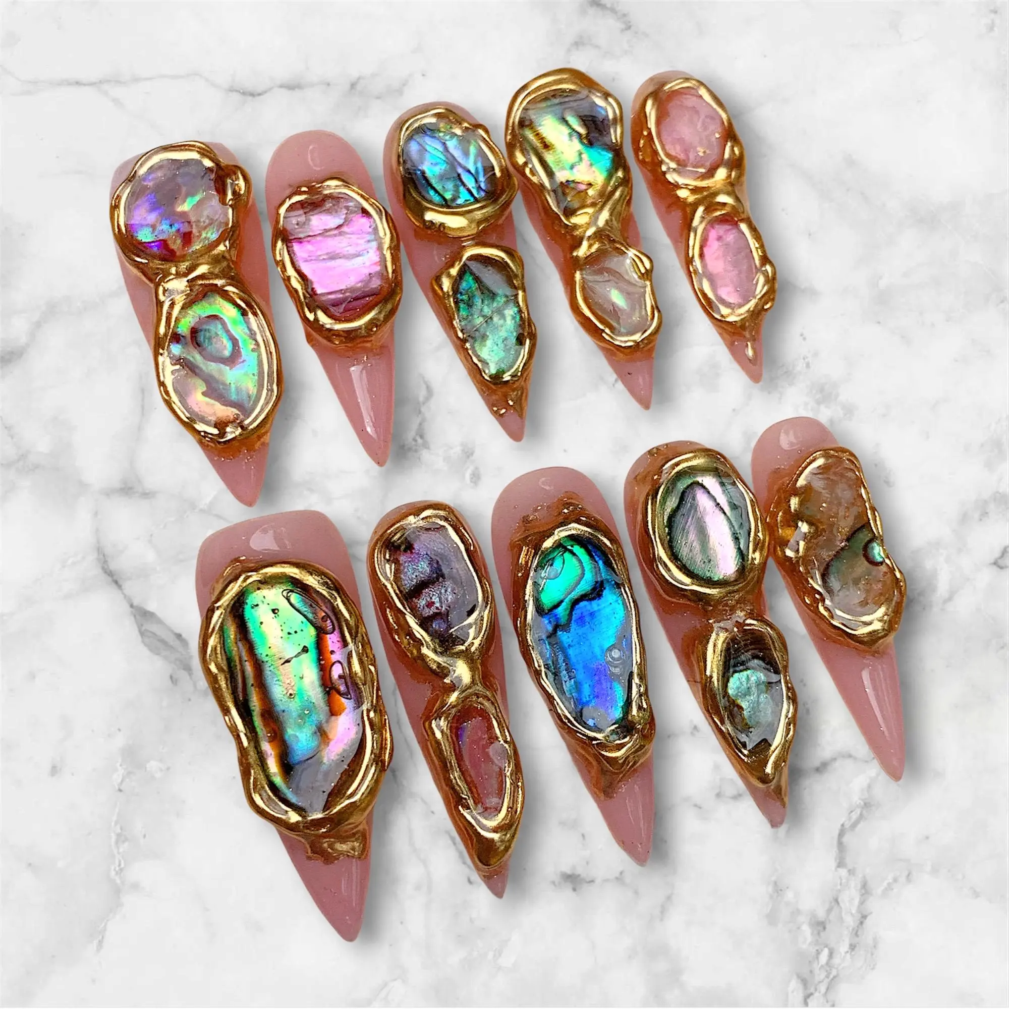 Luxury Abalone Shell Press On Nails | Gold Frame 3D Nails | Mermaid Ocean Nails | Handmade Almond Fake Nails Reusable