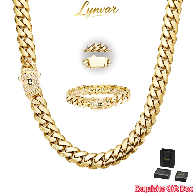 Upgraded 14K Gold-Plated Cuban Chain Set – Premium Necklace & Bracelet Duo with White Stone Detail | Elevated Modern Gift