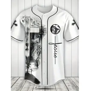 2026 Summer New Classic Prayer Jesus Technology Printed Men's Short-Sleeved Baseball Jersey, Fashion Back Wing Pattern Handsome Man Sports Baseball Clothing