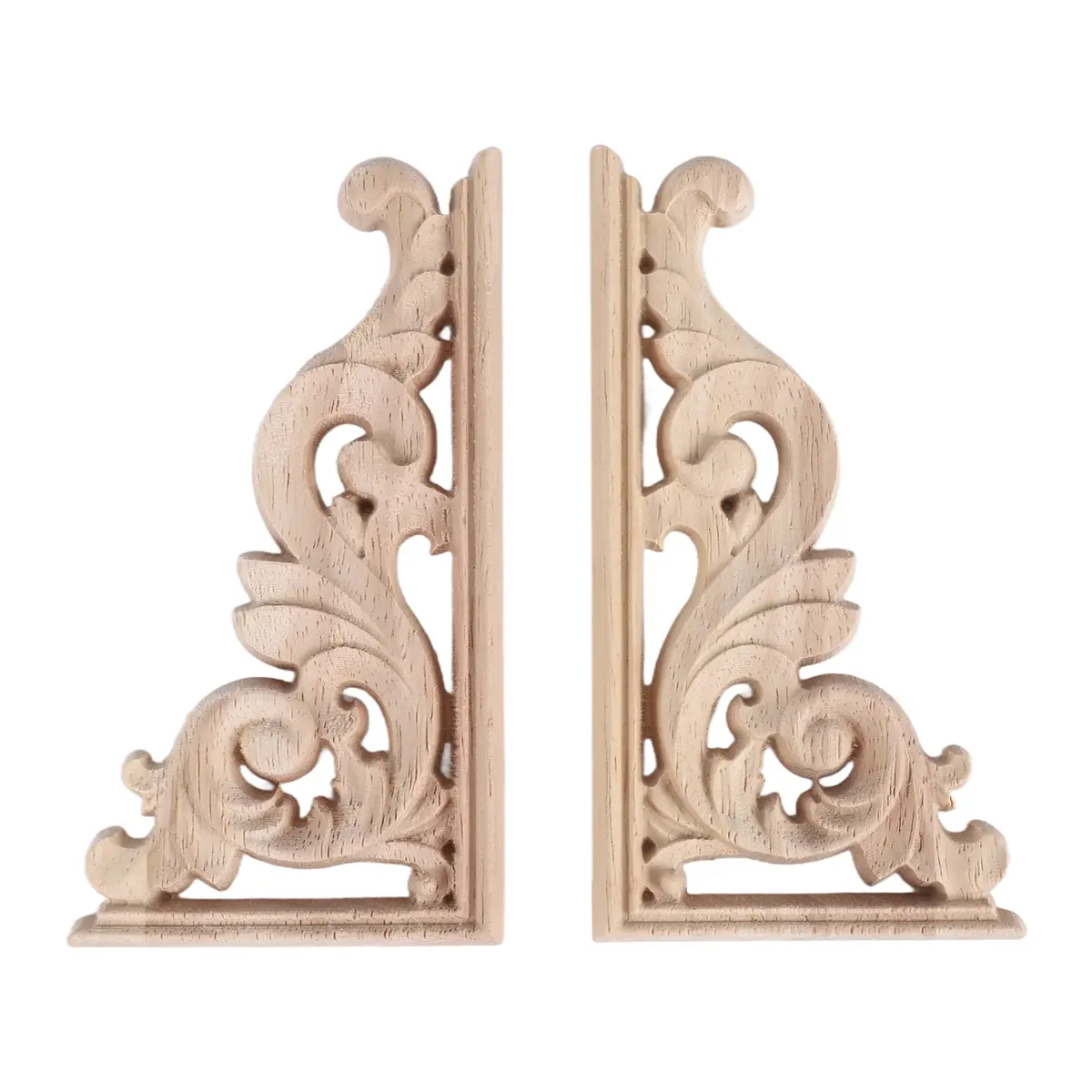 Vintage Unpainted Wooden Carved Corner Onlay Pair Set, 2pcs Left-Right, Furniture Frame Applique, Wall Decoration