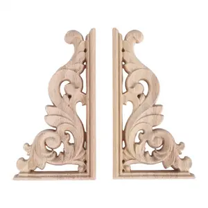 2pcs left+right(each 1pcs) Vintage Wooden Carved Corner Onlay Furniture Wall Decor Unpainted Frame Applique