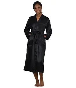 Up2date Fashion Women's Long Satin Robe in Black Color Sizes S-XL Style-Gwn14 Machine Washable with Removable Belt & Front Pockets
