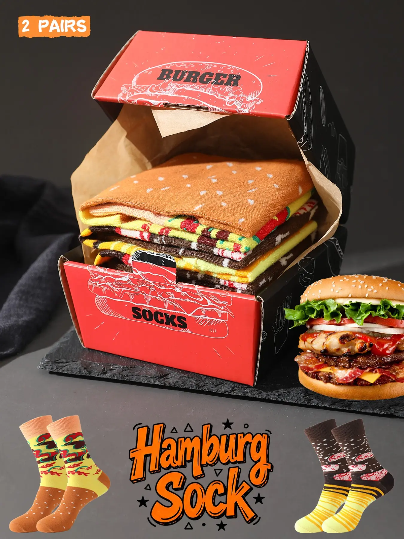 2 Pairs Cute Burger Mid-Calf Gift Socks, Unisex Sports Casual Socks Box Set, Soft Comfortable Men's Socks, Creative Food Design