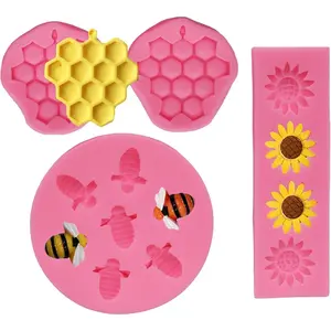 4 Pcs Silicone Mold Honeycomb Sunflower and Bee Fondant Molds Kit Cupcake Hive DIY Chocolate Fondant Candy Cookies Crafting Party Wedding Cake Sugar Dessert Decorating Baking Mold (Pink)