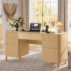 TOKSOM Fluted Executive Desk 55" Modern Home Office Computer Desk with Integrated Charging Station, File Cabinet, Keyboard Tray & Storage for Study Living Room Bedroom