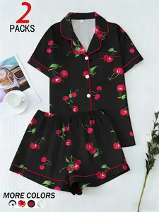 2 Piece Set, Women's Loose-Fitting V Neck Cardigan Sleepwear + Short Casual Pants, All over Cherry Print, Comfortable Fabric for Cozy Sleep, Loungewear Pajama Set, Pjs