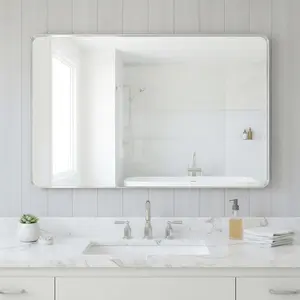 Spaco 32×24 Inch Rectangle Wall Mirror – Rounded Corners, Silver Metal Frame, Modern Bathroom & Living Room Decor