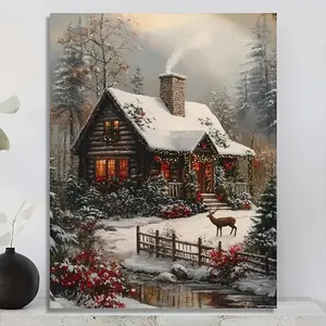 2D Flat, 1pc Framed Canvas Wall Art, Vintage Christmas Wall Art Poster, Vintage Farmhouse Forest Snowfall Poster Winter & Reindeer Christmas Decor Rustic Village Wall Art Landscape Winter Xmas Bathroom Decor For He And Her Gift 15.7*11.8 Inches/ 40*30cm