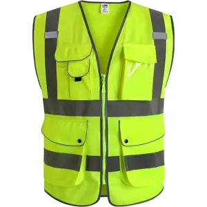 9 Pockets Class 2 High Visibility Zipper Front Safety Vest With Reflective Strips,Meets ANSI/ISEA Standard (Large, 150-Yellow)